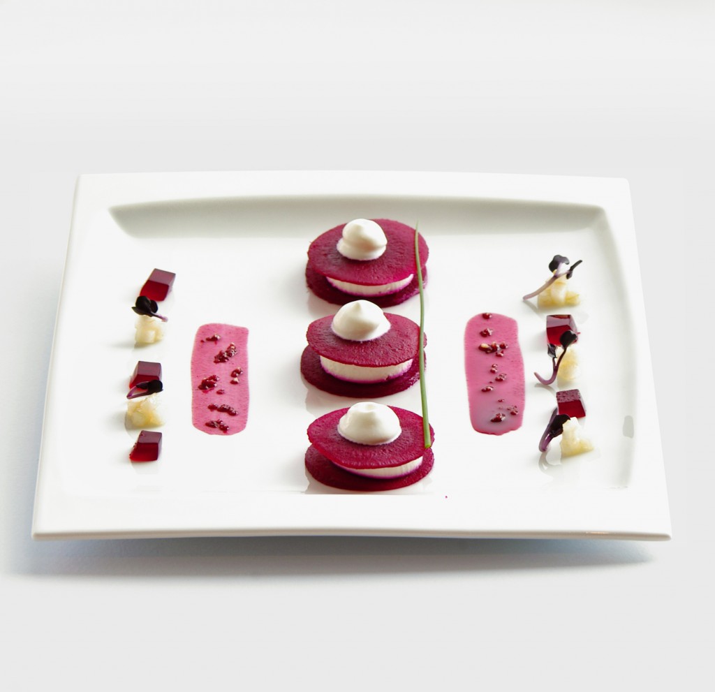 Roasted Beetroot ,buffalo _soft_ white cheese ,beetroot sweet and sour sauce ,fresh pear-crop